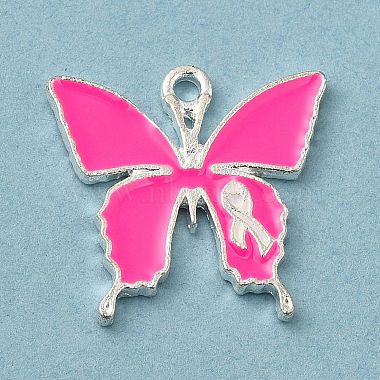 Silver Deep Pink Butterfly Alloy+Enamel Pendants
