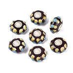 Handmade Lampwork & Brass Core European Beads, Enamel Large Hole Beads, Bumpy Dotted Rondelle, Silver, Coconut Brown, 15~17x7.5~8.5mm, Hole: 4~4.5mm(LAMP-N044-13S-01)