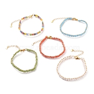 Glass Seed Beaded Bracelets, with Brass Chain Extender, 304 Stainless Steel Heart Charms and Lobster Claw Clasps, Golden, Mixed Color, 7-5/8 inch(19.5cm)(BJEW-JB05623)