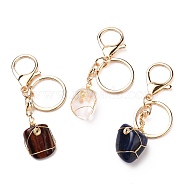 Wire Wrapped Natural Gemstone Keychain, with Golden Plated Alloy Swivel  Clasps and Iron Split Key Rings, Nuggets, Mixed Color, 90~93.5mm(KEYC-JKC00226)