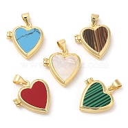 Brass Locket Pendants, with Gemstone and Shell, Long-Lasting Plated, Lead Free & Cadmium Free, Heart Charm, Real 18K Gold Plated, 18.5x17x5mm, Hole: 4x3.5mm(KK-K332-15G)