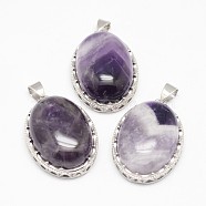 Natural Amethyst Pendants, with Brass Findings, Oval, Platinum, 30x21x10~11mm, Hole: 6x4mm(X-G-D851-42)