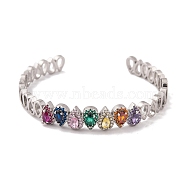 Brass Pave Colorful Cubic Zirconia Open Cuff Bangles for Women, Platinum, Teardrop, Inner Diameter: 2-1/4 inch(5.6cm), 7~9mm(BJEW-S147-32P-B)