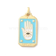 Rack Plating Brass Pendants, with Enamel, Long-Lasting Plated, Real 18K Gold Plated, Cadmium Free & Lead Free, Rectangle with Palm, Deep Sky Blue, 26x14x1.5mm, Hole: 2.2x1.5mm(KK-F852-28G)