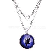Fairy Pattern Flat Round Glass Pendant Necklaces, Halloween, with Alloy Chains, Silver Color Plated, 18 inch(X-NJEW-N0051-027D-02)