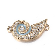 Brass Micro Clear Cubic Zirconia Links, with Enamel, Long-Lasting Plated, Spiral Shell, Light Sky Blue, Real 18K Gold Plated, 22.6x12x3.5mm, Hole: 1.5mm(ZIRC-F120-093G)