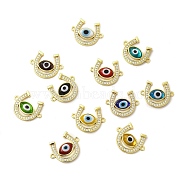 Rack Plating Real 18K Gold Plated Brass Micro Pave Clear Cubic Zirconia Connector Charms, Horseshoe Links, with Handmade Evil Eye Lampwork, Cadmium Free & Lead Free, Long-Lasting, Mixed Color, 18.5x23x4mm, Hole: 1.5mm(ZIRC-L102-01G)