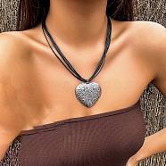 Alloy Pendant Necklaces, with Wax Rope, Jewely for Women, Heart, Antique Silver, 19.29 inch(49cm)(NJEW-K261-09C-SA)