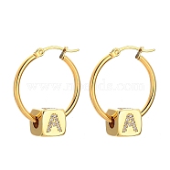 304 Stainless Steel Hoop Earrings, with Brass Micro Pave Cubic Zirconia Beads, Cube with Letter, Golden, Letter.A, 29.5x24.5mm, Pin: 0.7x1mm(EJEW-JE04277-01)