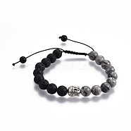 Natural Lava Rock Braided Bead Bracelets, with Picasso Stone Beads, Natural Black Agate(Dyed) Beads, Alloy Finding, Buddha Head, 2-1/8 inch~3-1/8 inch(5.3~8cm)(BJEW-JB04128-01)