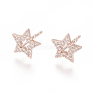 Brass Stud Earring Findings, with Cubic Zirconia and Loop, Star, Clear, Rose Gold, 10.5x10mm, Hole: 1.2mm, Pin: 0.8mm(ZIRC-O034-17RG)