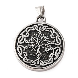 316 Surgical Stainless Steel  Pendants, Antique Silver, Flat Round Charms, Tree of Life, 45x38x5.5mm, Hole: 8.5x4.5mm(STAS-Z073-58AS-05)