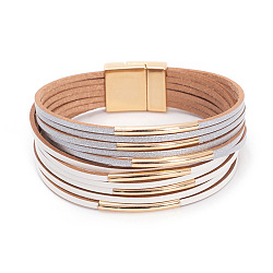 Two Tone Imitation Leather Multi-strand Bracelets for Women, with Golden Magnetic Clasps, Silver, 7-5/8 inch(19.5cm)(WGE2A7B-01)