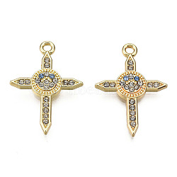 Rack Plating Alloy Pendants, with Crystal & Sapphire Rhinestone, Cadmium Free & Nickel Free & Lead Free, Cross with Smiling Face, Light Gold, 26x18.5x2mm, Hole: 1.8mm(PALLOY-N155-198)