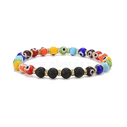 Chakra Theme Handmade Evil Eye Lampwork Beads Stretch Bracelets, Round Natural Lava Rock Beaded Bracelets for Women, Colorful, 1/4 inch(0.6cm), Inner Diameter: 2-1/8 inch(5.5cm)(BJEW-JB09125)