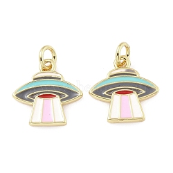 Brass Enamel Pendants, with Jump Ring, Long-Lasting Plated, Real 18K Gold Plated, UFO, Colorful, 14x14x1.5mm, Jump Ring: 5x0.8mm, 3.4mm Inner Diameter(KK-K250-37G)