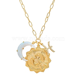 Cubic Zirconia Constellation & Opalite Moon Pendant Necklace, with Golden Brass Paperclip Chains, Pisces, 19.69 inch(50cm)(PW-WG46702-12)