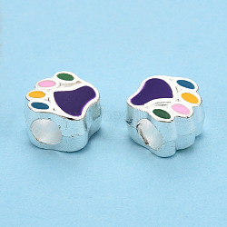 Alloy Enamel European Beads, Large Hole Beads, Cadmium Free & Lead Free, Silver, Bear Paw Prints, Colorful, 11x11x7.5mm, Hole: 4.5mm(MPDL-T005-003F-RS)