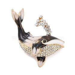 Dolphin Enamel Pins, Alloy Rhinestone Brooches for Backpack Clothes, Black, 38x41mm(JEWB-R053-06G-04)