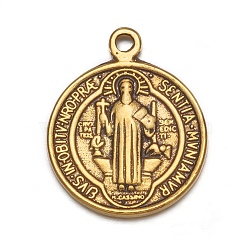 Tibetan Style Alloy Pendants, Saint Benedict Medal, Cadmium Free & Lead Free, Flat Round, Antique Golden, Size: about 21mm long, 18mm wide, 2mm thick, hole: 1mm(TIBEB-A9489-AG-LF)