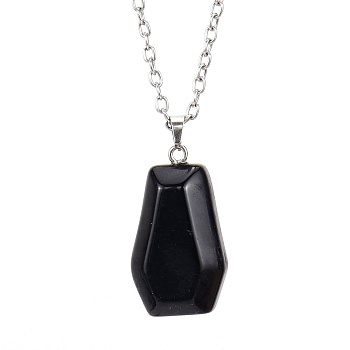 Natural Obsidian Halloween Coffin Pendant Necklace with Platinum Alloy Chains, 20.87 inch(53cm)