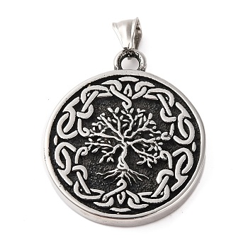 316 Surgical Stainless Steel  Pendants, Antique Silver, Flat Round Charms, Tree of Life, 45x38x5.5mm, Hole: 8.5x4.5mm