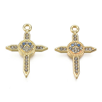 Rack Plating Alloy Pendants, with Crystal & Sapphire Rhinestone, Cadmium Free & Nickel Free & Lead Free, Cross with Smiling Face, Light Gold, 26x18.5x2mm, Hole: 1.8mm