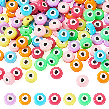 140Pcs 7 Colors Opaque Printed Acrylic Beads, Flat Round with Eye Pattern, Mixed Color, 10x5mm, Hole: 1.8mm, 20pcs/color