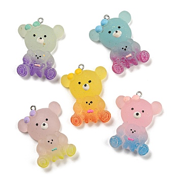 Gradient Color Resin Pendants, Frosted Bear Charms with Platinum Plated Iron Loops, Mixed Color, 39x29.5x11mm, Hole: 2mm