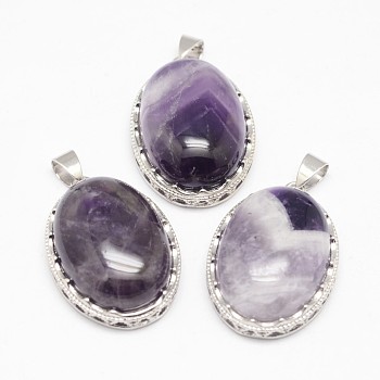 Natural Amethyst Pendants, with Brass Findings, Oval, Platinum, 30x21x10~11mm, Hole: 6x4mm