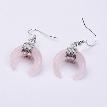 Natural Rose Quartz Dangle Earrings, with Platinum Plated Brass Findings, Double Horn/Crescent Moon, 40mm, Pin: 0.6mm