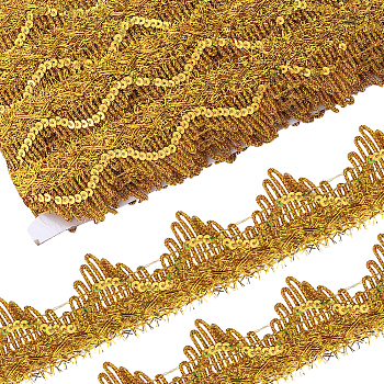 Polyester Flower Paillette Lace Ribbon, Wave Edge Lace Trim, Clothes Accessories, Flat, Goldenrod, 1-5/8 inch(40mm)