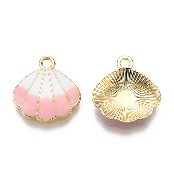 Alloy Pendants, with Enamel, Shell Shape, Light Gold, Pink, 18x17x3mm, Hole: 1.8mm