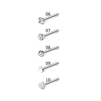 Clear Cubic Zirconia Nose Studs, 316 Surgical Stainless Steel Nose Bone Rings, Piercing Jewelry for Women, Stainless Steel Color, 10mm, 5 Styles, 1Pc/style, 5Pcs