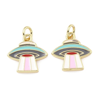 Brass Enamel Pendants, with Jump Ring, Long-Lasting Plated, Real 18K Gold Plated, UFO, Colorful, 14x14x1.5mm, Jump Ring: 5x0.8mm, 3.4mm Inner Diameter
