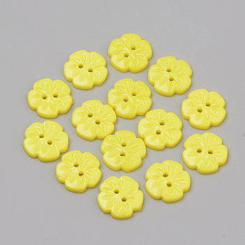 2-Hole Acrylic Buttons, Flower, Yellow, 15x2.5mm, Hole: 1.5mm