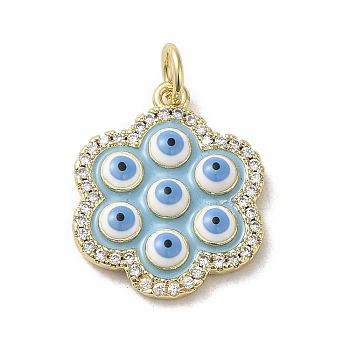 Brass Enamel Pendants, with Jump Ring, Real 18K Gold Plated, Evil Eye, Flower, 18.5x15x2.5mm, Hole: 5mm