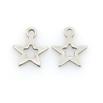 304 Stainless Steel Charms, Star Pendants, Stainless Steel Color, 11x10x1mm, Hole: 1mm