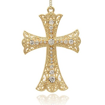 Golden Plated Alloy Cross Big Pendants, with Rhinestone, Crystal, 72x49x5mm, Hole: 2mm