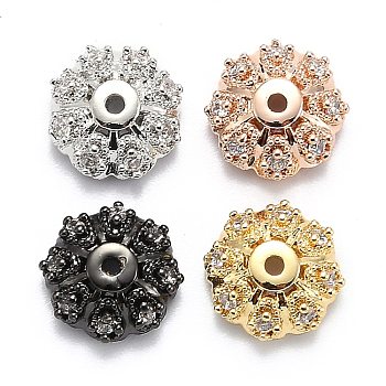 Multi-Petal Brass Micro Pave Cubic Zirconia Bead Caps, Flower, Clear, Mixed Color, 10x4mm, Hole: 1.2mm