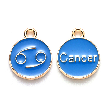 Alloy Enamel Pendants, Cadmium Free & Lead Free, Flat Round with Constellation, Light Gold, Dodger Blue, Cancer, 22x18x2mm, Hole: 1.5mm