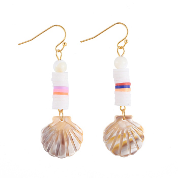 Dangle Earrings, with Polymer Clay Heishi Beads, Cellulose Acetate(Resin) Pendants, Sea Shell Beads and Golden Plated Brass Earring Hooks, Shell Shape, White, 58mm, Pin: 0.7mm