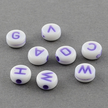 Solid Acrylic Horizontal Hole Letter Beads, Flat Round, Medium Orchid, 7x3mm, Hole: 2mm, about 4500pcs/500g