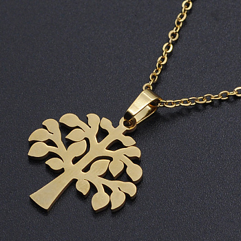 201 Stainless Steel Pendants Necklaces, with Cable Chains and Lobster Claw Clasps, Tree, Golden, 17.71 inch(45cm), 1.5mm