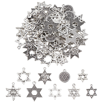 72Pcs 9 Styles Tibetan Style Alloy Pendants, Star of David Charms, Antique Silver, 17~27.5x12.5~21x1~5mm, Hole: 1.4~2mm, 8pcs/style