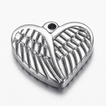 304 Stainless Steel Pendants, Heart with Wing, Stainless Steel Color, 16x18x3.5mm, Hole: 1.5mm