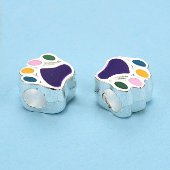 Alloy Enamel European Beads, Large Hole Beads, Cadmium Free & Lead Free, Silver, Bear Paw Prints, Colorful, 11x11x7.5mm, Hole: 4.5mm
