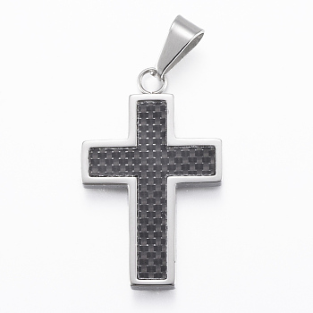 304 Stainless Steel Pendants, with Fiber and Enamel, Cross, Stainless Steel Color, 37x23x3mm, Hole: 10x5mm