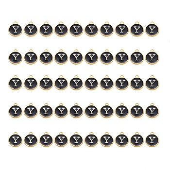 Golden Plated Alloy Charms, with Enamel, Enamelled Sequins, Flat Round, Black, Letter.Y, 14x12x2mm, Hole: 1.5mm, 50pcs/Box