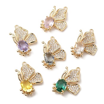 Brass with K9 Glass & Rhinestone Pendants, Light Gold, Butterfly Charms, Mixed Color, 21.5x15x5.5mm, Hole: 1.4mm
